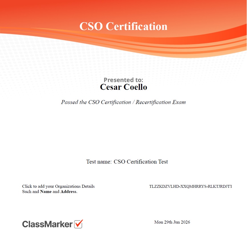 Certificado de Chief Safety Officer (CSO) de IDPA a nombre de Cesar Coello