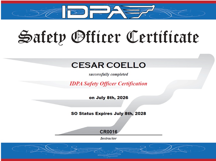 Certificado de Safety Officer de IDPA a nombre de Cesar Coello